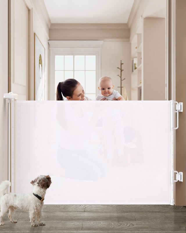 Photo 1 of Cumbor Retractable Baby Gates for Stairs, Family & Mom's Choice Awards Winner-Extends up to 55" Wide Mesh Dog Gate for The House, 34" Tall Safety Gates for Doorways,Pet Gate Indoor & Outdoor, White