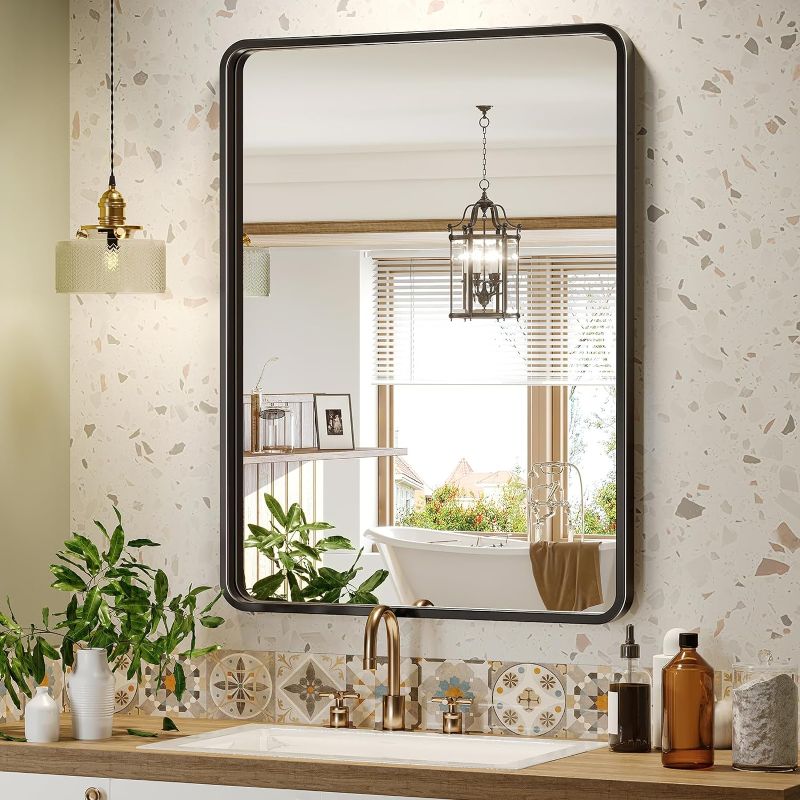 Photo 1 of Brightify 28x36 Inch Black Bathroom Mirror for Wall, Rectangular Black Metal Framed Mirror, Modern Wall Mounted Vanity Mirror for Bathroom, Vertical or Horizontal