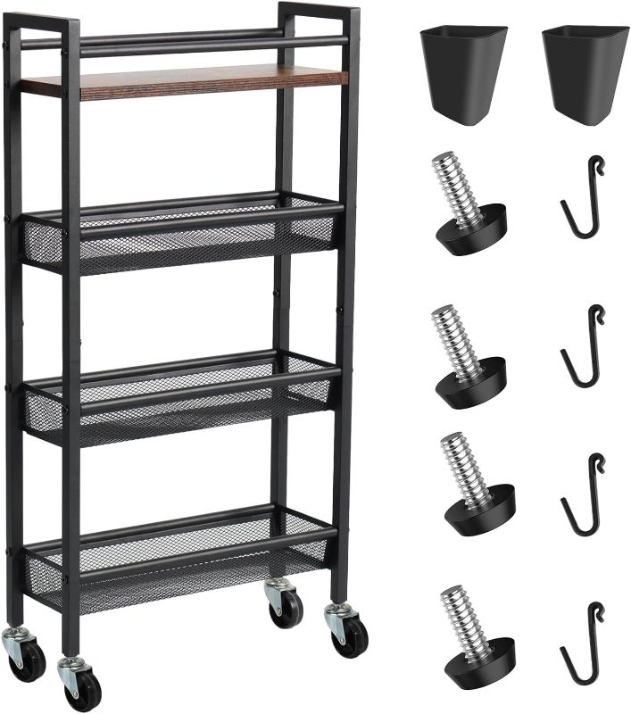 Photo 1 of Slim Storage Cart, 4 Tier Kitchen Rolling Utility Cart, Narrow Unit Slide Out Cart with Handle, 5.9 Inches Wide, Metal Organization and Storage for Kitchen, Bathroom, Laundry, Black