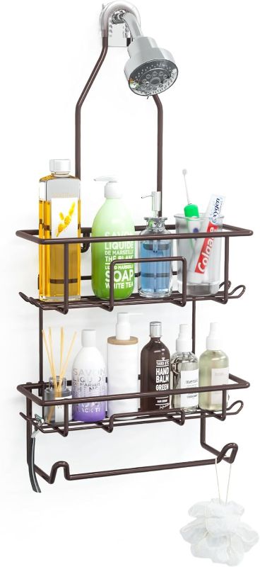 Photo 1 of Shower Caddy Hanging over Shower Head Rust Roof Shower Organizer with 10 Hooks for Razor Shampoo Holder Bathroom Shower Rack Storage Shelf with Towel Bar – Bronze