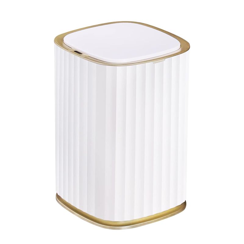 Photo 1 of ELPHECO 3.5 Gallon Bathroom Trash Can, 13.5 Litre Bedroom Motion Sensor Trash Can with Lids, Automatic Waterproof Trash Can for Bathroom, Living Room, Bedroom, Office, White with Golden Trim