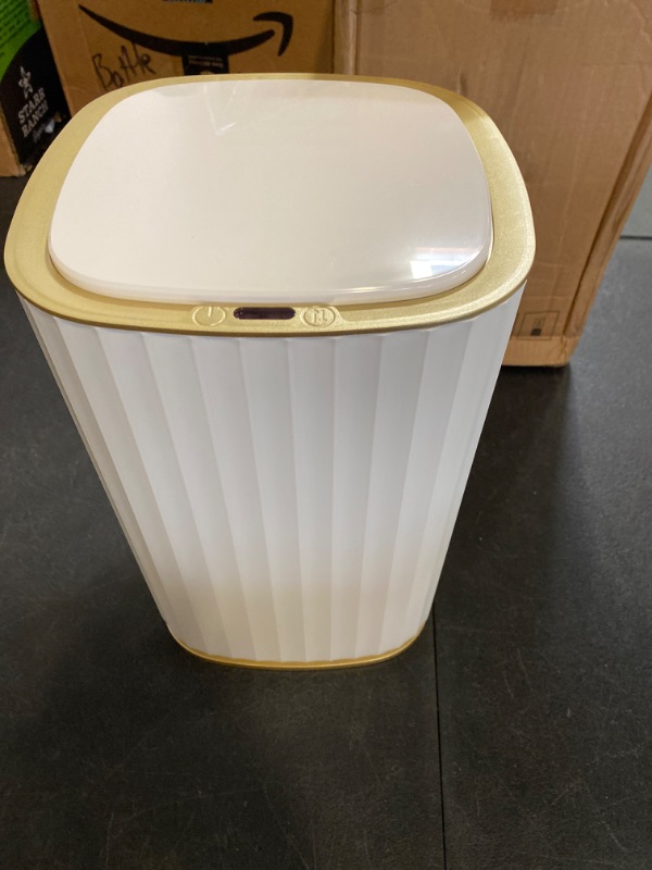 Photo 2 of ELPHECO 3.5 Gallon Bathroom Trash Can, 13.5 Litre Bedroom Motion Sensor Trash Can with Lids, Automatic Waterproof Trash Can for Bathroom, Living Room, Bedroom, Office, White with Golden Trim