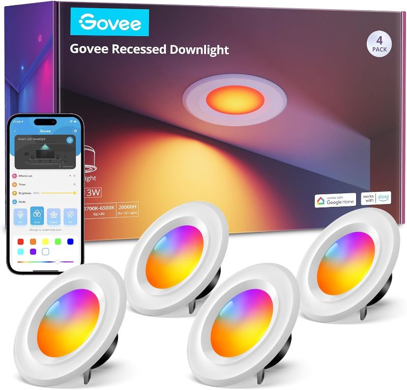 Photo 1 of Govee Smart Retrofit Recessed Lighting 6 Inch, Wi-Fi Bluetooth Direct Connect RGBWW Retrofit Can Lights, 65 Scene Modes, Works with Alexa & Google Assistant, 1000 Lumens, 4 Pack