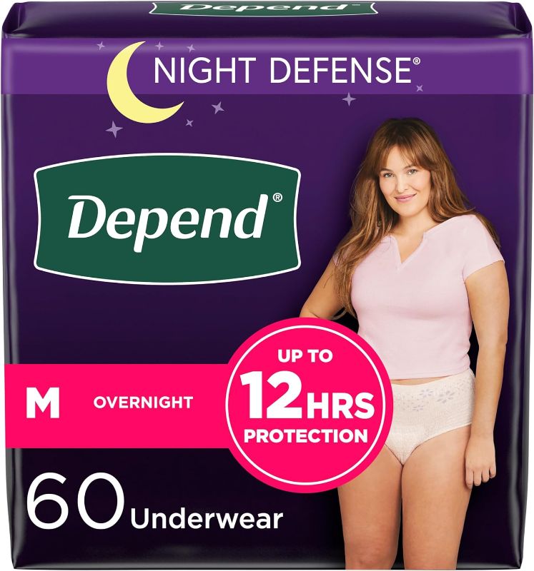 Photo 1 of Depend Night Defense Adult Incontinence & Postpartum Bladder Leak Underwear for Women, Disposable, Overnight, Medium, Blush, 60 Count (4 Packs of 15), Packaging May Vary