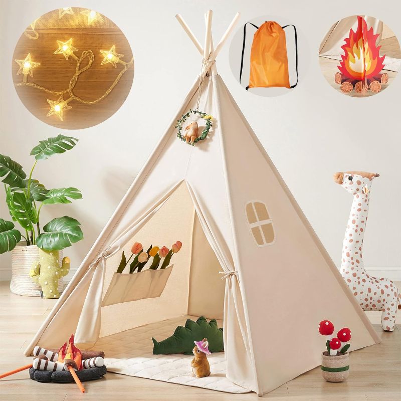 Photo 1 of Tiny Land Kids-Teepee-Tent with Lights & Campfire Toy & Carry Case, Natural Cotton Canvas Toddler Tent - Washable Foldable Teepee Tent for Kids Indoor Tent, Outdoor Play Tent for Girls & Boys