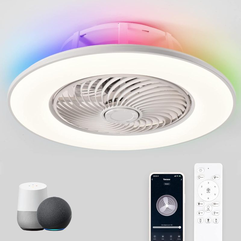 Photo 1 of YANASO Hue Ceiling Fan - Low Profile Ceiling Fan with Lights Bladeless Ceiling Fans with Alexa/Google Assistant/App Control Color Changing LED-RGB Back Ambient Light for Living Room Bedroom(White)