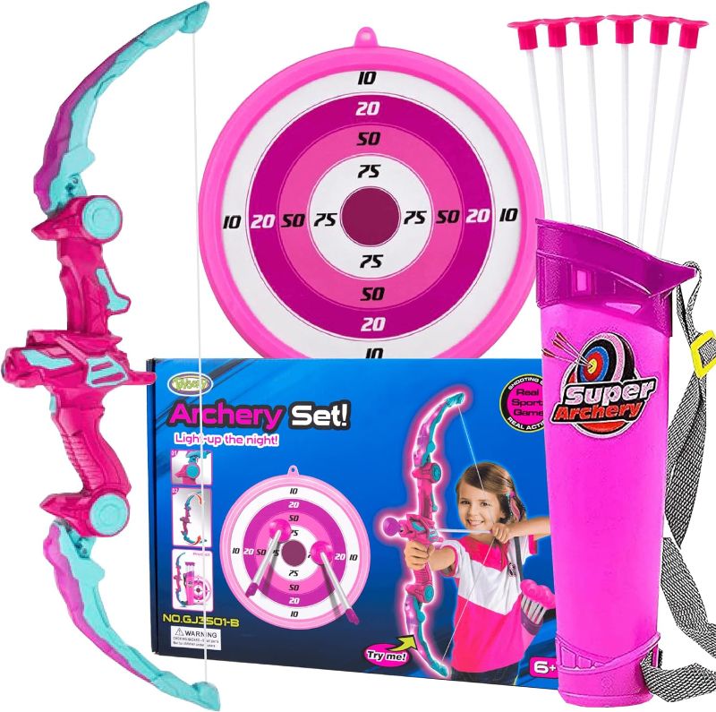 Photo 1 of Kids Archery Set with LED Flash Lights, Toy Bow and Arrow Set for 6-8 Years Old Boys, Includes Archery Bow, 6 Archery Arrows, Target, Quiver - Great for Youth Practice