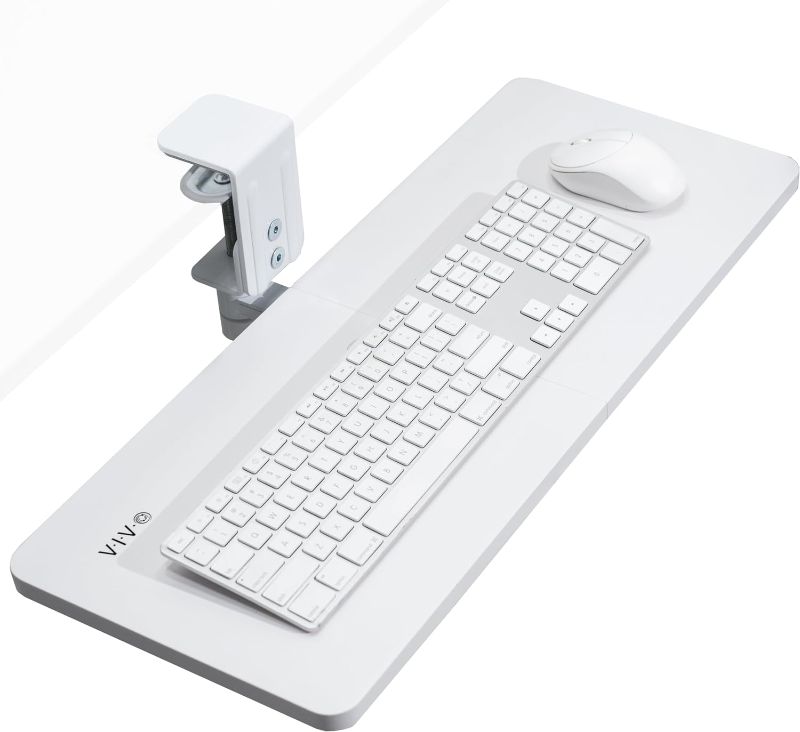 Photo 1 of Clamp-on 25 x 10 inch Rotating Computer Keyboard and Mouse Tray, Extra Sturdy Single Desk Swivel Clamp, Ergonomic Typing, White, MOUNT-KB01CW