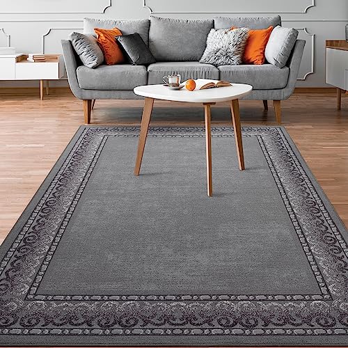 Photo 1 of Antep Rugs Alfombras Bordered Modern 5x7 Non-Slip (Non-Skid) Low Pile Rubber Backing Indoor Area Rug (Gray, 5' X 7')
