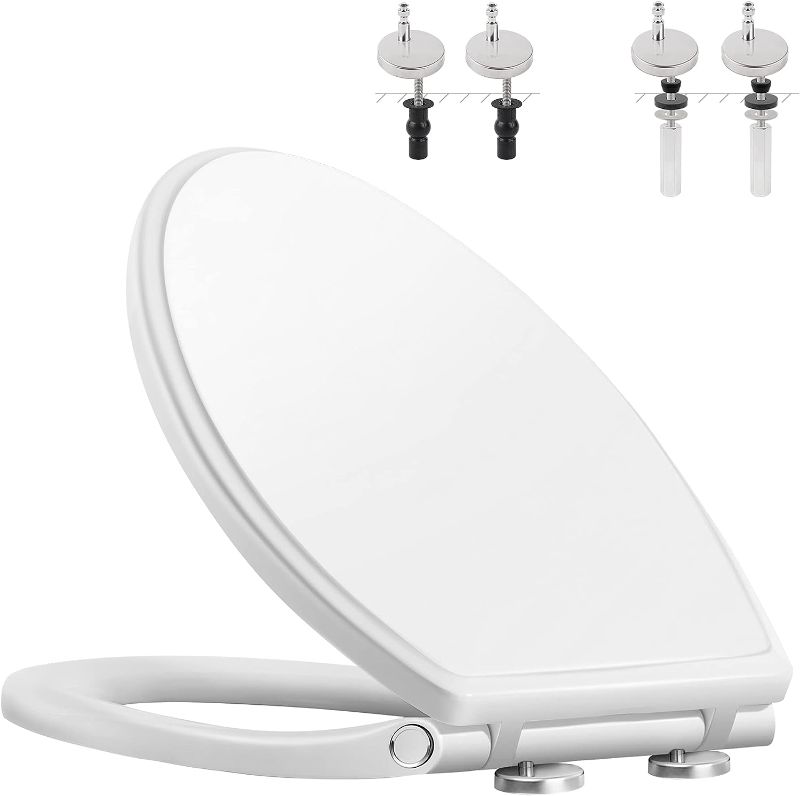 Photo 1 of Hibbent Premium Elongated Toilet Seat with Cover(Oval) Quiet Close, One-Click to Quick Release, Easy Installation Never Loosen Hinge, Slow Close Toilet Seat and Cover, Easy Cleaning-White Color