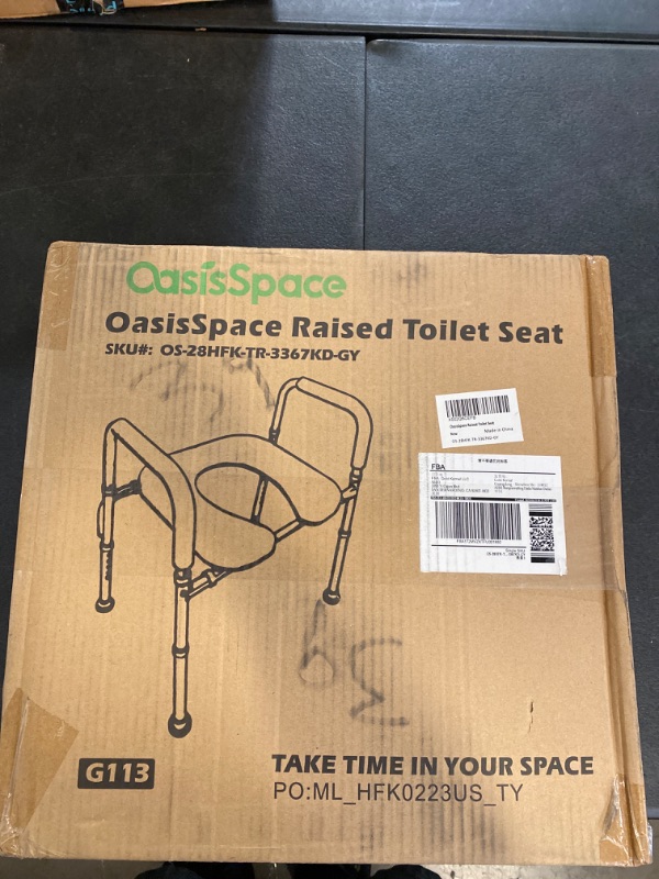 Photo 2 of OasisSpace Raised Toilet Seat with handles-300lbs Heavy Duty Commode Chair with Safety Frame, Adjustable Stand Alone Elongated risers with arms for Elderly, Handicap, Disabled