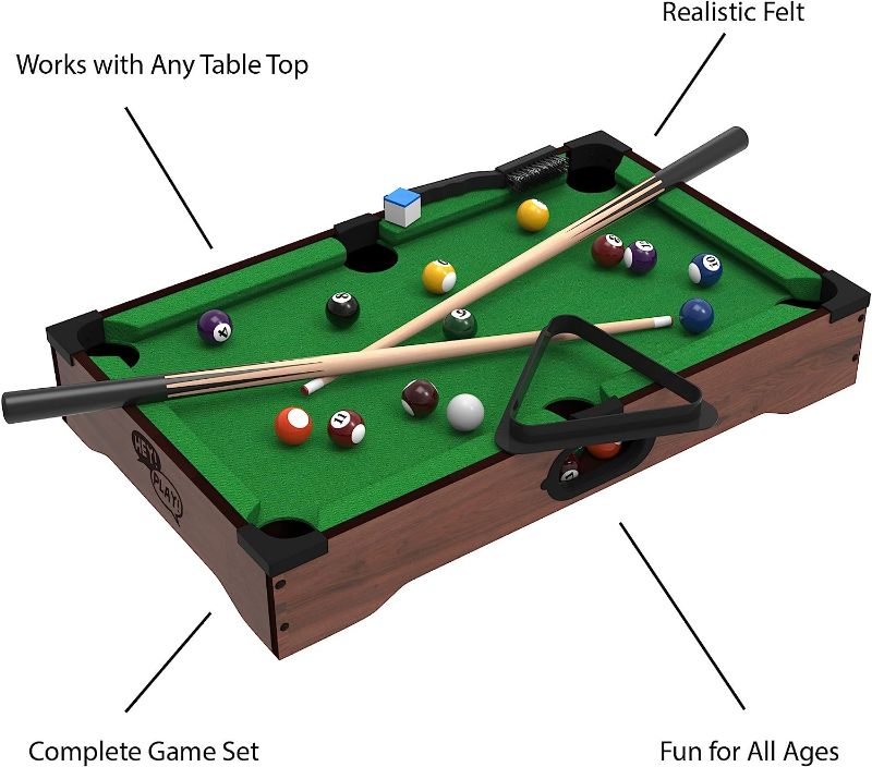 Photo 1 of Hey! Play! Mini Tabletop Pool Set- Billiards Game Includes Game Balls, Sticks, Chalk, Brush and Triangle-Portable and Fun for The Whole Family, Green, (476551SCA)