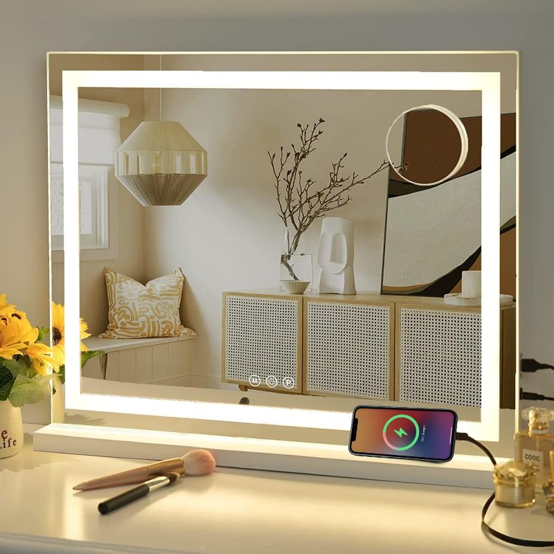 Photo 1 of Sucedey Vanity Mirror with Lights, 23" x 18" Makeup Mirror, Hollywood Mirror with 3 Color Modes & Adjustable Brightness, Detachable 10x Magnification and USB Charging Design (White)