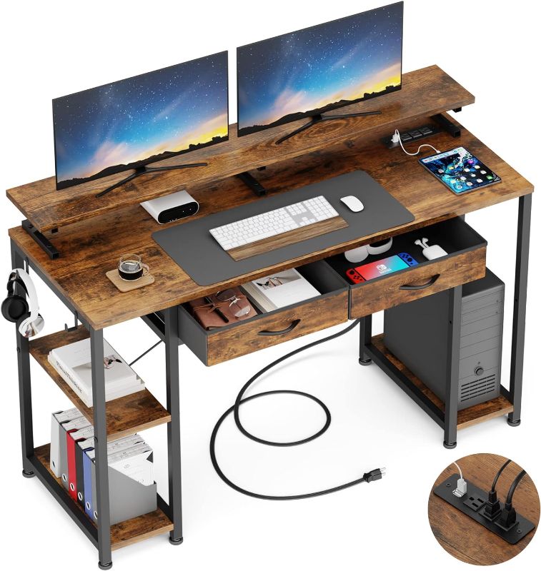 Photo 1 of GIKPAL Computer Desk with Drawers, 47 inch Home Office Desk with Storage and Shelves, Bedroom Desk with Power Strip, Rustic Brown Wooden Desk