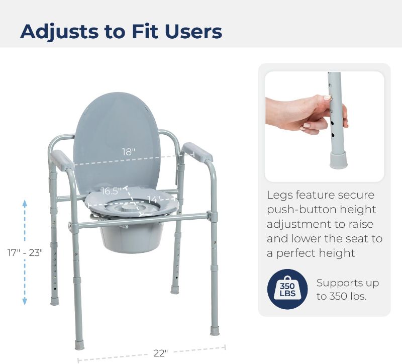 Photo 1 of Drive Medical RTL11158KDR Folding Steel Bedside Commode Chair, Portable Toilet, 350 Pound Weight Capacity with 7.5 Qt. Bucket, Grey