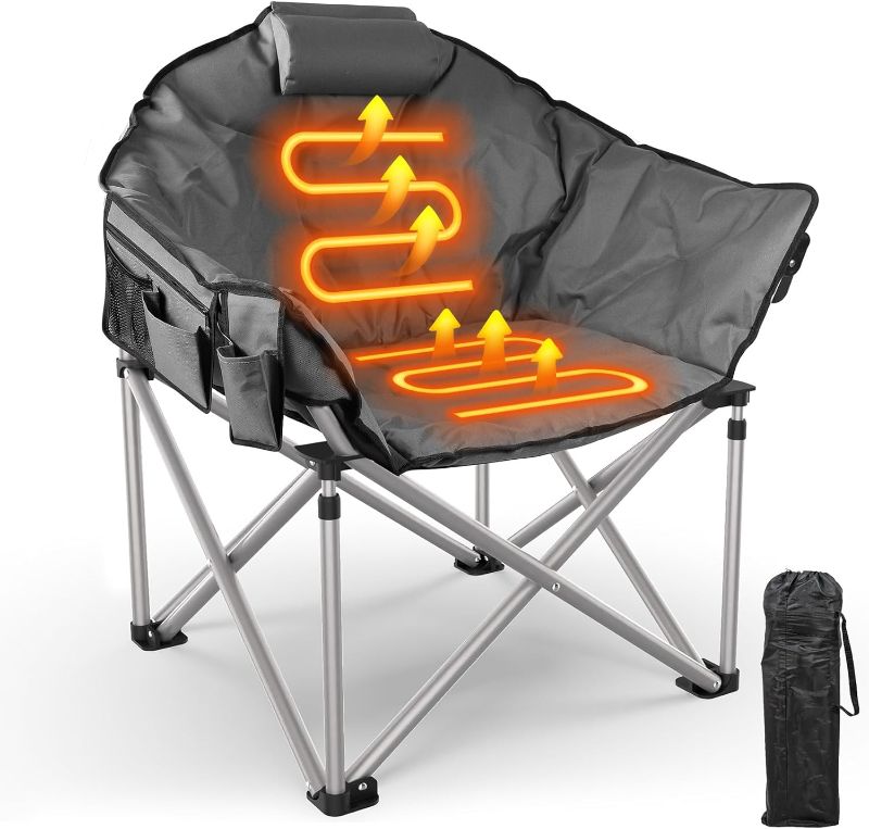 Photo 1 of Slendor Heated Camping Chair Oversized, Padded Heated Chair Outdoor Sports, 3 Heating Levels Adjustable Camping Chairs for Adults with Pillow, Storage Bag, Folding Outdoor Chair, Grey