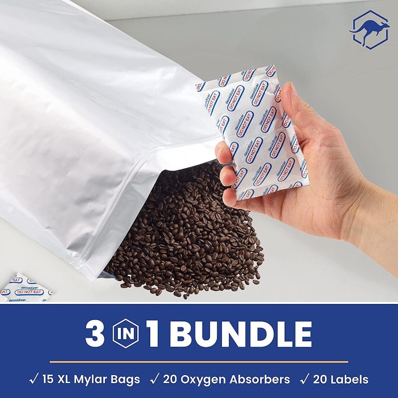 Photo 1 of 15x 5 Gallon Wallaby Mylar Bag Bundle - Silver (5 Mil) With 15 Single Sealed Oxygen Absorbers & Labels - Resealable Zipper, FDA Grade, Air-Tight, Light-Blocking, for Long Term Food Storage