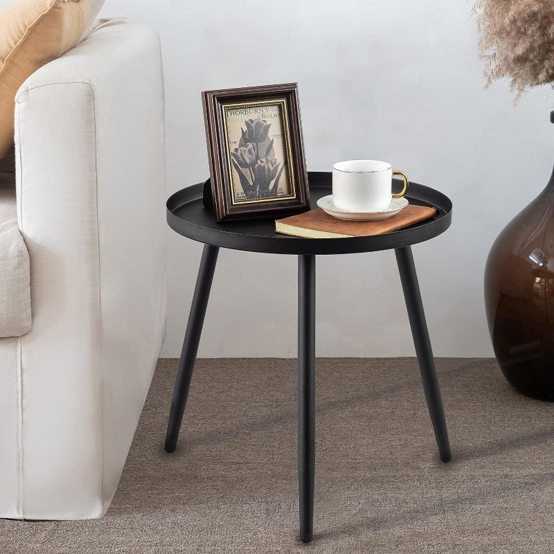 Photo 1 of AOJEZOR Accent Side / End Table, Waterproof Metal Structure, Great for Living Room, Bedroom, Indoor & Outdoor, Matte Black Tray Surface with 3 Legs, Ideal for Any Room
