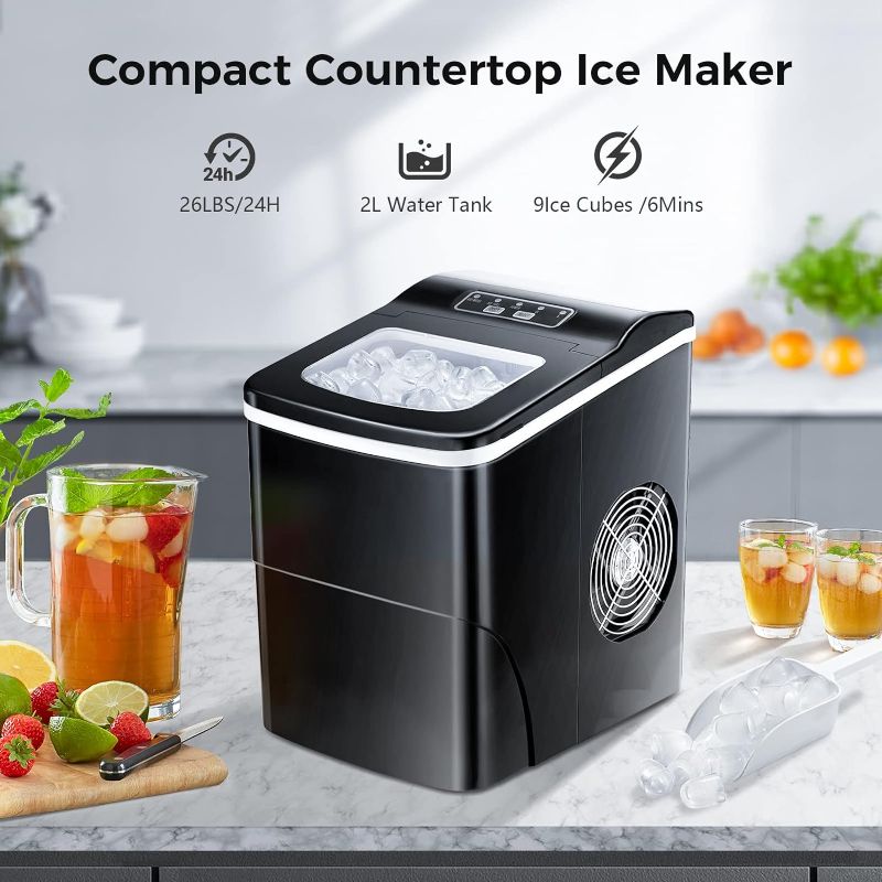 Photo 1 of  Ice Makers Countertop with Self-Cleaning, 26.5lbs/24hrs, 9 Cubes Ready in 6~8Mins, Portable Ice Machine with 2 Sizes Bullet Ice/Ice Scoop/Basket for Home/Kitchen/Office/Bar/Party, Black