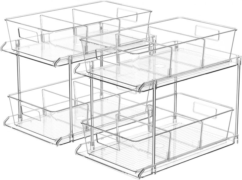 Photo 1 of Fabspace Pull-out Home Organizer, 2 Pack 2 Tier Clear Bathroom Organizer with Dividers, Multipurpose Vanity Counter Tray, Kitchen, Closet Organizers, Cabinet & Storage Container Bins