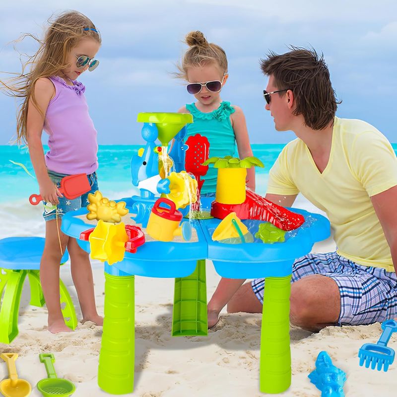 Photo 1 of  Sand and Water Table Beach Toys Outdoor Activities Play Table for Kids Sand Pit Water Table Children Garden Toy Beach Play Activity Set Indoor or Outdoor Summer Toys for Girls Boys