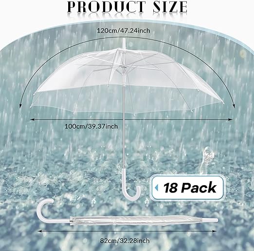 Photo 1 of Fabbay 18 Pack Clear Umbrella Wedding Stick Umbrellas Automatic Open Umbrella with J Hook Handle Canopy Windproof Umbrella for Wedding (Clear Style)