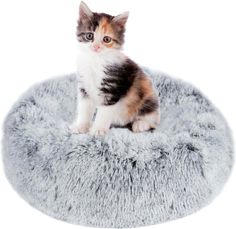 Photo 1 of Calming Cat Bed,Indoor Washable Donut Dog Bed with Fluffy Faux Fur Plush, Round Anti Anxiety Pets Bed, Warming Cuddler Cushion Bed for Small Medium Dogs and Cats (20 * 20 inch, Gradient Gray)