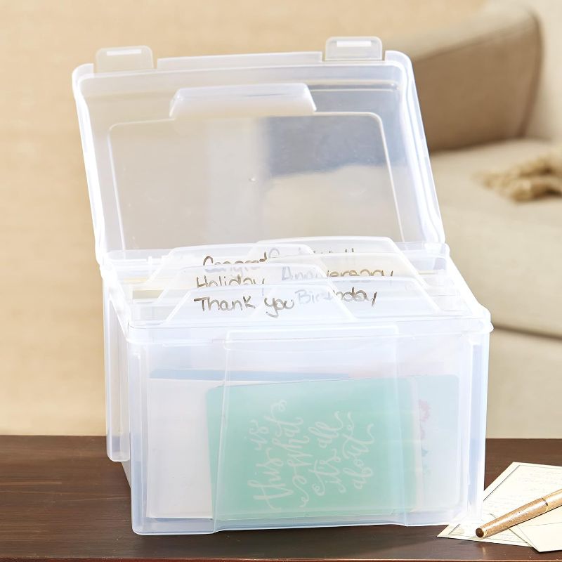 Photo 1 of The Lakeside Collection Clear Card File Box with Six Dividers, 10 x 7, Perfect for Photo, Scrapbook, Craft, and Greeting Card Storage