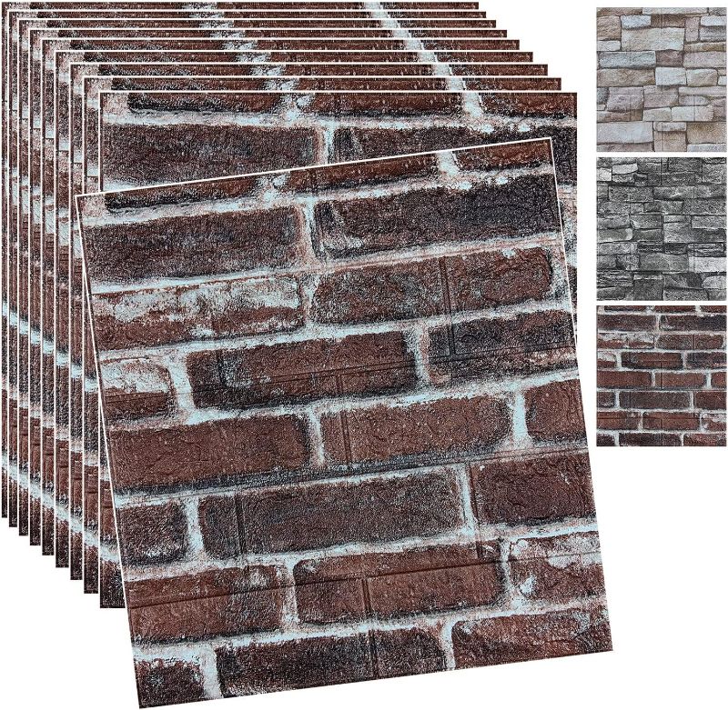 Photo 1 of 20PCS 3D Wall Panels Peel and Stick 3D Brick Wallpaper Peel and Stick Faux Stone Wall Panel Foam Brick Self-Adhesive Wallpaper (Red,20pcs)