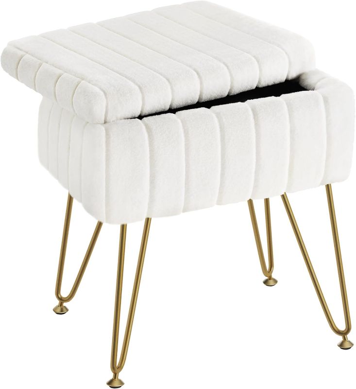 Photo 1 of Greenstell Vanity Stool Chair Faux Fur with Storage, 15.7"L x 11.8"W x 19.4"H Soft Ottoman 4 Metal Legs with Anti-Slip Feet, Furry Padded Seat, Modern Multifunctional Chairs for Makeup, Bedroom White