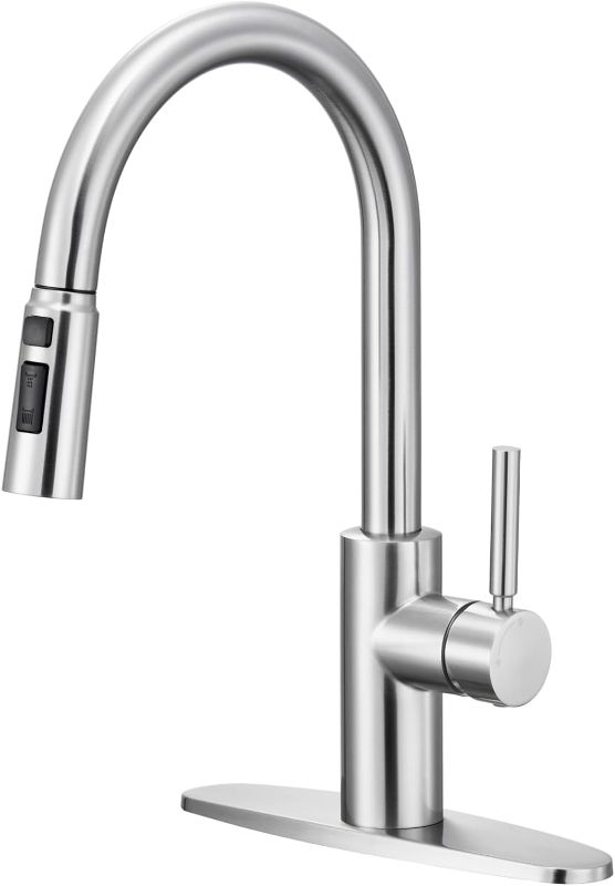 Photo 1 of  Kitchen Faucet with Pull Down Sprayer, Single Level Three Modes 304 Stainless Steel Kitchen Sink Faucets, Single Handle High Arc Brushed Nickel Pull Out Kitchen Faucet