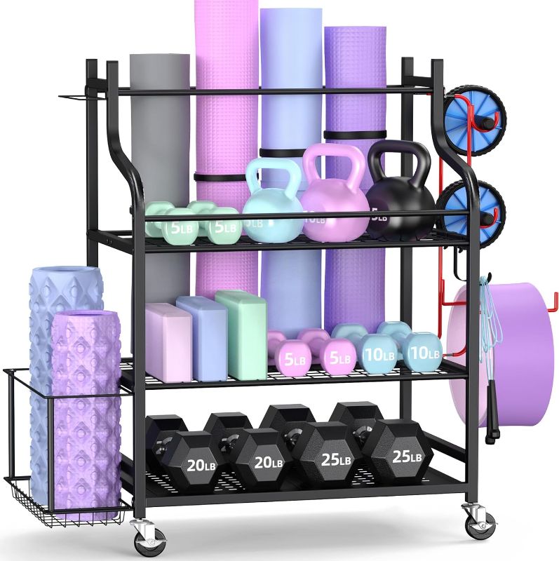 Photo 1 of Mythinglogic Yoga Mat Storage Racks,Home Gym Storage Rack for Dumbbells Kettlebells Foam Roller, Yoga Strap and Resistance Bands, Workout Equipment Storage Organizer With Hooks and Wheels