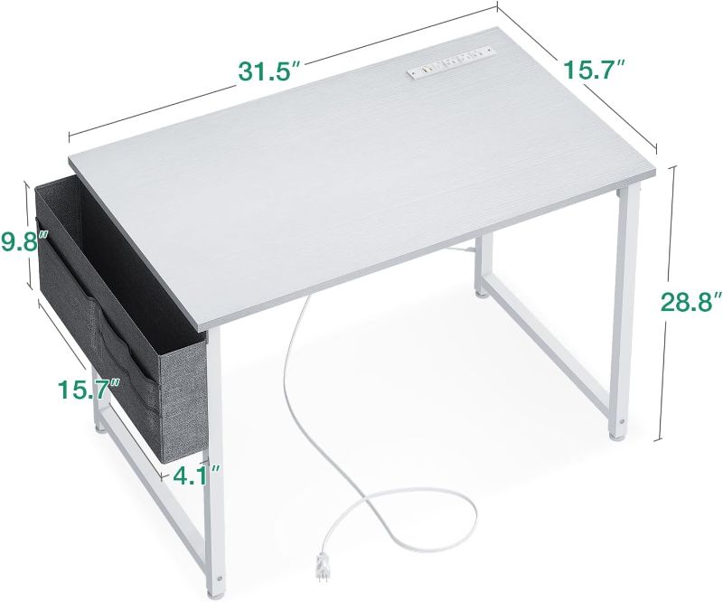 Photo 1 of AODK 32 inch Small Computer Desk with Power Outlet for Small Spaces Home Office Student Laptop PC Writing Desks with Storage Bag Headphone Hook, White