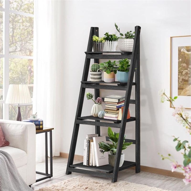 Photo 1 of Ladder Shelf, Wooden Ladder Shelf, Industrial 4 Tier Bookshelf Ladder Shelves Rustic Foldable Freestanding Plant Stand, Solid Wood Shelf with for Bedroom, Living Room, Black