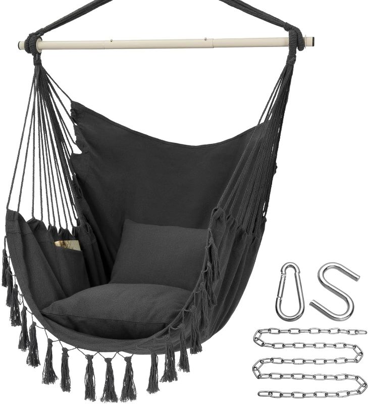 Photo 1 of Y- STOP Hammock Chair Hanging Rope Swing, Max 500 Lbs, 2 Cushions Included, Large Macrame Hanging Chair with Pocket, Cotton Weave for Superior Comfort, Durability (Grey)