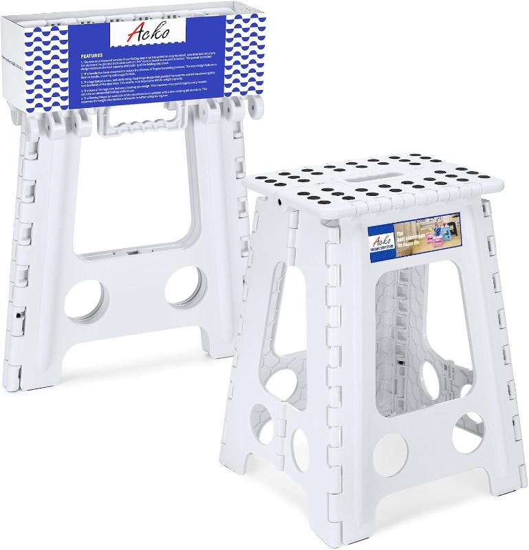 Photo 1 of ACKO Folding Step Stool 17.5 Inch Stool 400 LB Weight Capacity Plastic Foldable Step Stools for Adults and Kids, Folding Stool Suitable for Kitchen, Stepping Stool with Handle White Step Stool 1PC