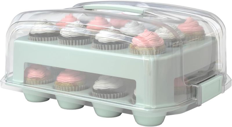 Photo 1 of Top Shelf Elements Cupcake Carrier, Fashionable Green Cupcake Holder Carries 24 Standard-Size Cupcakes, Durable Muffin Traveler Two Tier Stand and Reusable Cupcake Box (Green)