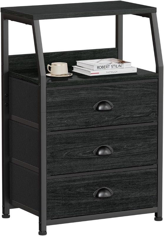 Photo 1 of Furnulem Black Dresser for Bedroom, Small Nightstand with 3 Fabric Storage Drawers and 2-Tier Shelf, End Table Side Furniture for Closet, Hallway, Nursery, Sturdy Steel Frame, Wood Top (Black Oak)