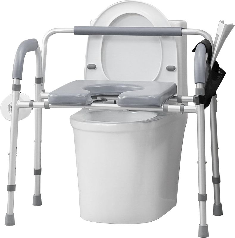 Photo 1 of Restisland Heavy Duty Raised Toilet Seat with Armrest and Backrest, Elevated Toilet Seat Riser 450lbs, Medical Bedside Commode Chair, Shower Chair with Padded Seat, Grey