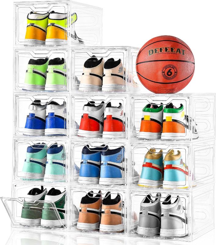 Photo 1 of Stebopum 12 Pack Shoe Boxes Shoes Organizer, Shoe Storage Organizer Boxes with Magnetic Door, Clear Shoe Organizers Sneaker Storage Shoe Box for Women/Men, Fit up to US Size 12