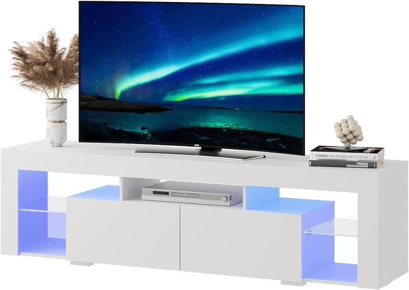 Photo 1 of WLIVE LED TV Stand for 55/60/65/70 Inch TV, Modern Entertainment Center with Open Shelves, Wood TV Console with 2 Storage Drawers for Bedroom, Living Room, Gaming Media Stand with Display Glass,Stained Wood 