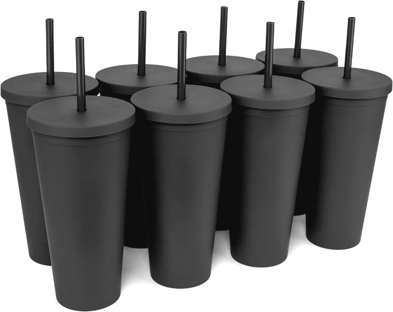 Photo 1 of STRATA CUPS Classic Black Tumblers with Lids (6 pack) - 22oz Colored Acrylic Cups with Lids and Straws, Double Wall Matte Plastic Bulk Tumblers With FREE Straw Cleaner! Customizable DIY Gifts