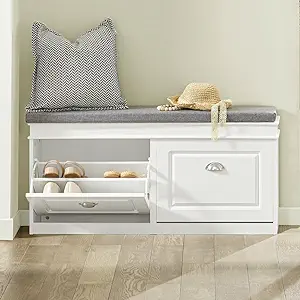 Photo 1 of Haotian FSR64-W, White Shoe Storage Bench with 2 Flip Drawers & Padded Seat Cushion, Modern Design Shoe Storage Hallway Shoe Cabinet Shoe Bench Slim Entryway Shoe Organizer for Entryway, Bedroom