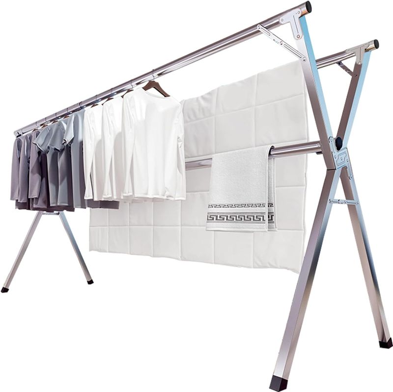 Photo 1 of JAUREE 95 Inches Clothes Drying Rack Clothing Folding Indoor Outdoor, Heavy Duty Stainless Steel Laundry Drying Rack, Foldable Portable Garment Rack with 20 Windproof Hooks