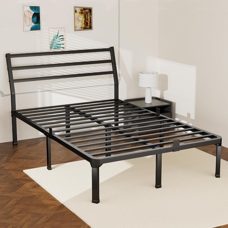 Photo 1 of ROIL Full Size Metal Bed Frame with Headboard, 14inch Black Heavy Duty Platform with Steel Slats Support and Mattress Stoppers, 3500LBS No Box Spring Needed, Easy Assembly Noise-Free