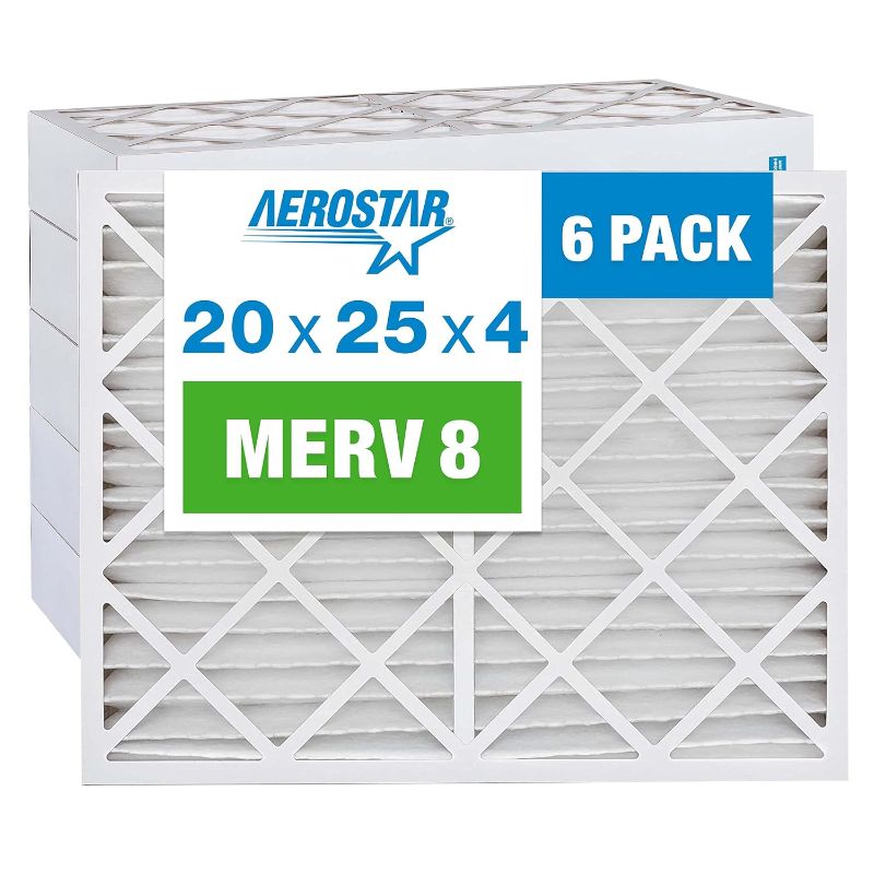 Photo 1 of Aerostar 20x25x4 MERV 8 Pleated Air Filter, AC Furnace Air Filter, 6 Pack (Actual Size: 19 1/2"x24 1/2"x3 3/4"), White