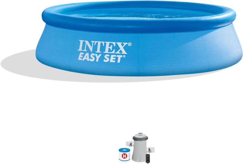 Photo 1 of Intex 28121EH Easy Set 10 Foot by 30 Inch Round Inflatable Outdoor Backyard Above Ground Swimming Pool Set with 530 GPH Filter Pump, Blue