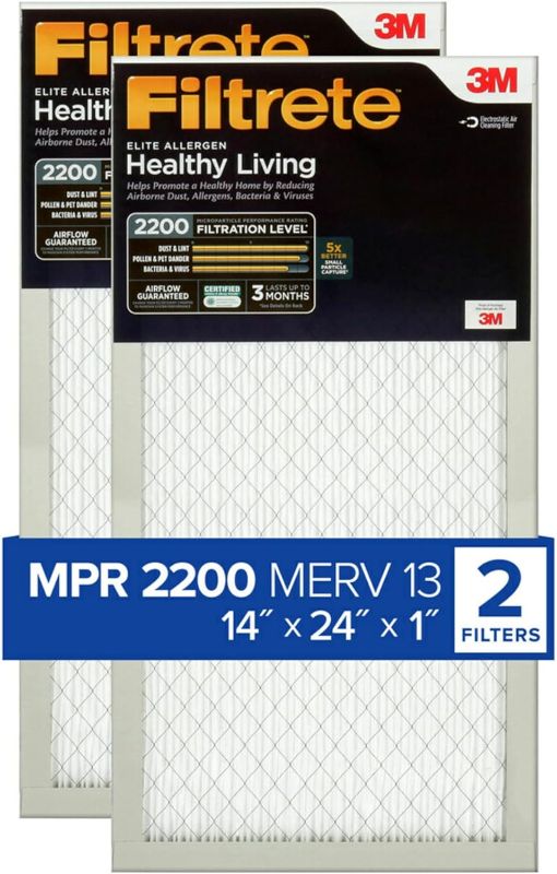 Photo 1 of Filtrete 14x24x1 AC Furnace Air Filter, MERV 13, MPR 2200, Elite Allergen, Bacteria & Virus Filter, 3-Month Pleated 1-Inch Electrostatic Air Cleaning Filter, 2-Pack