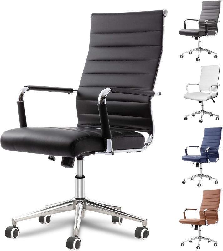 Photo 1 of  Office Desk Chair, Ergonomic Leather Modern Conference Room Chairs, Executive Ribbed Height Adjustable Swivel Rolling Chair for Home Office. (Black)
