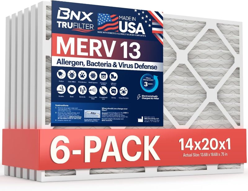 Photo 1 of 14x20x1 Air Filter MERV 13 (6-Pack) - MADE IN USA - Electrostatic Pleated Air Conditioner HVAC AC Furnace Filters for Allergies, Pollen, Mold, Bacteria, Smoke, Allergen, MPR